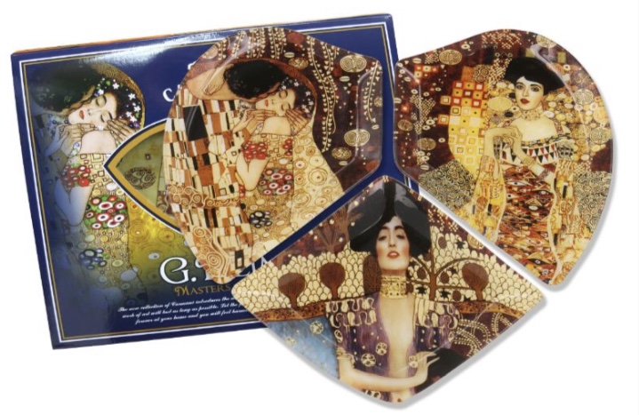 Třídílný skleněný tác ve tvaru srdce s motivem obrazů od G. Klimta 198-7029
