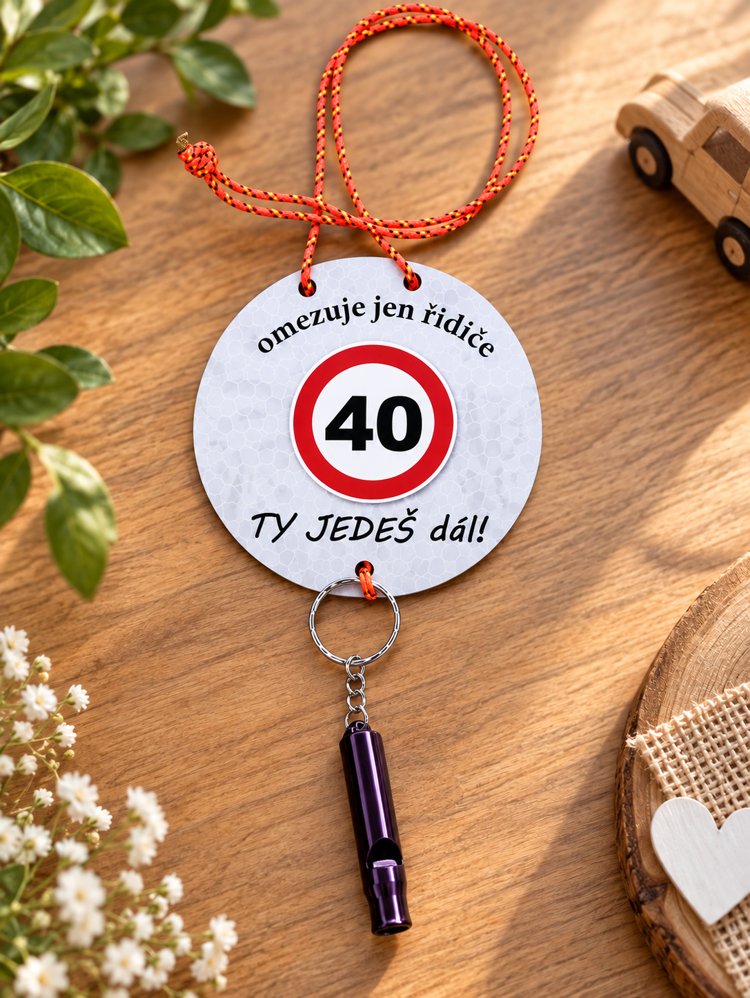 Narozeninový svolávač s píšťalkou 40ka průměr 10 cm