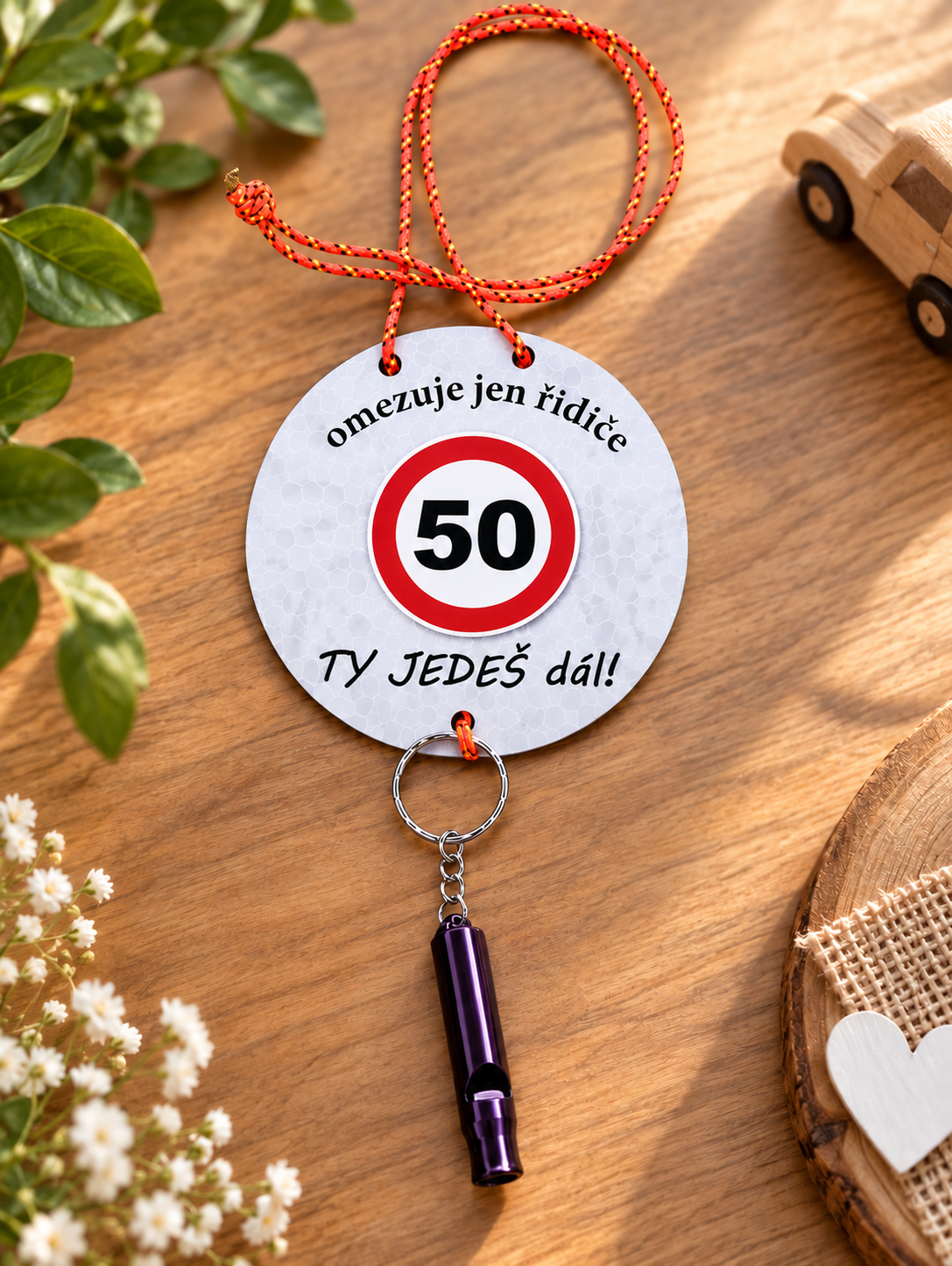 Narozeninový svolávač s píšťalkou 50ka průměr 10 cm