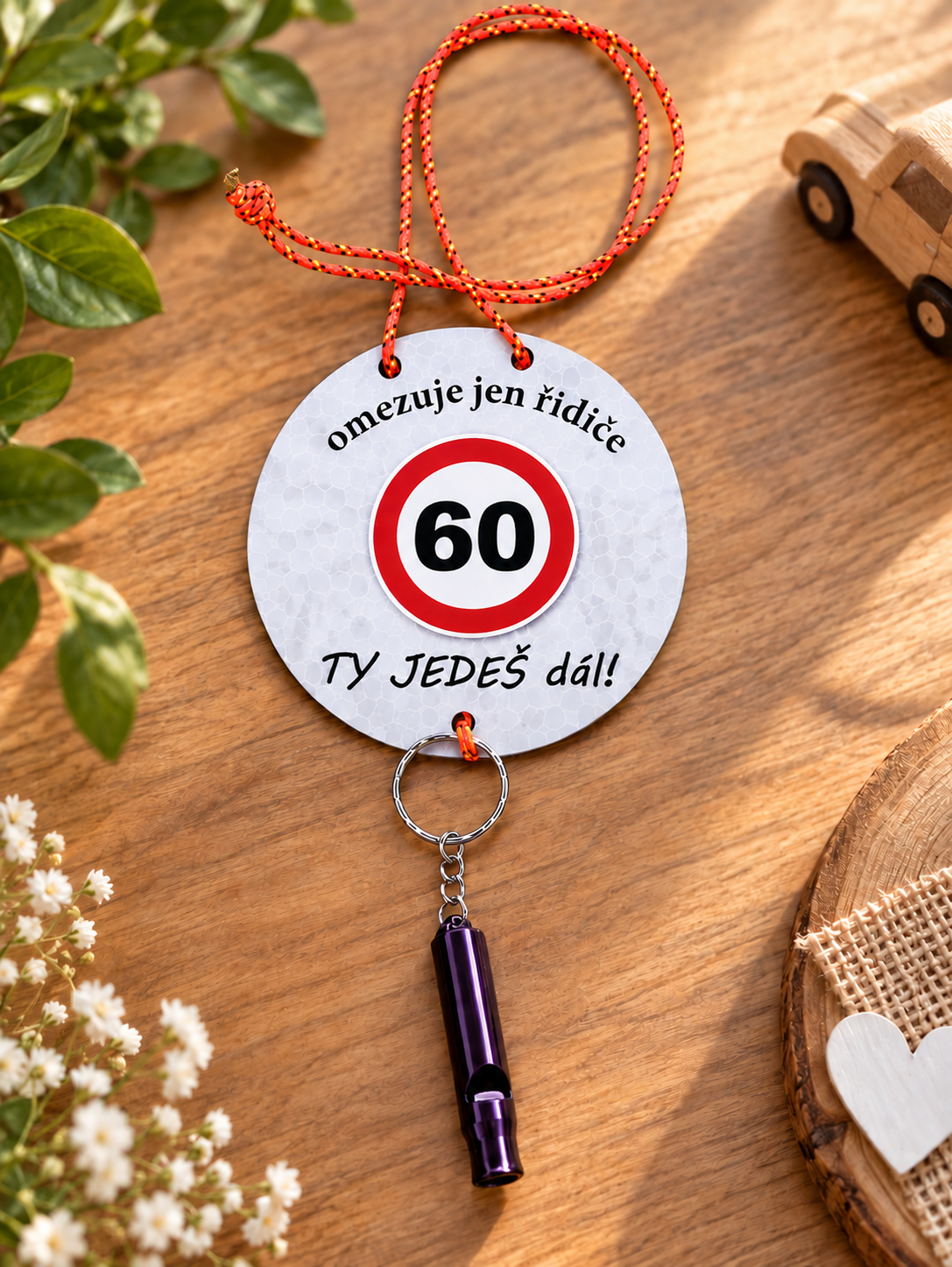 Narozeninový svolávač s píšťalkou 60ka průměr 10 cm