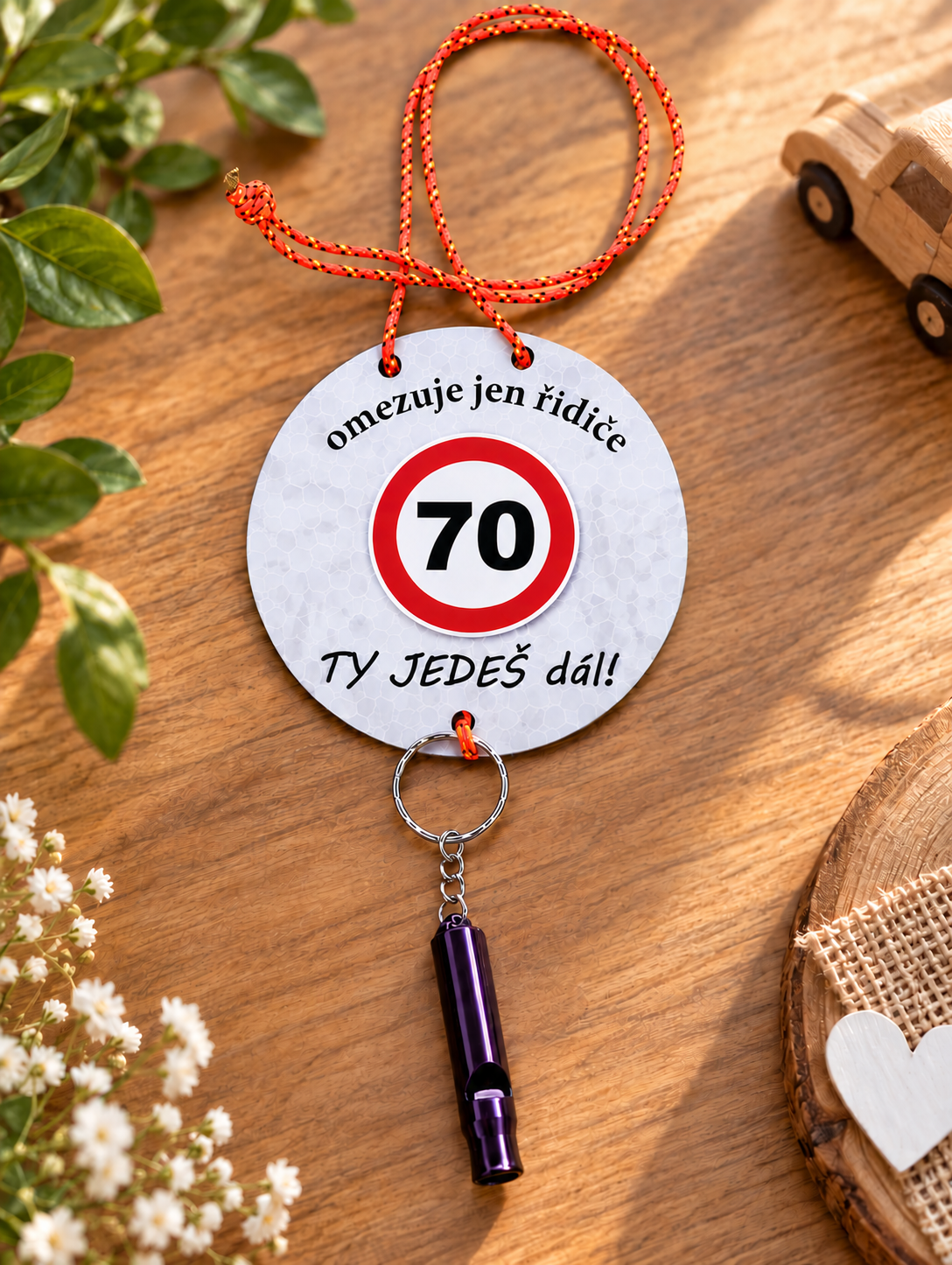 Narozeninový svolávač s píšťalkou 70ka průměr 10 cm