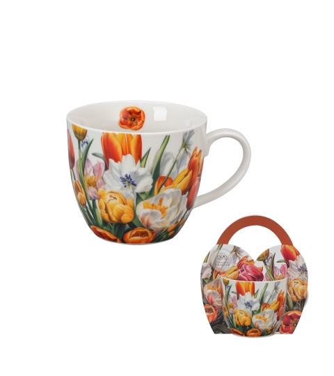 Hrnek o objemu 460 ml v košíku tulipány