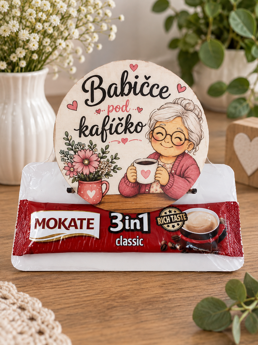 Babičce pod kafíčko – dřevěný podtácek 10 cm