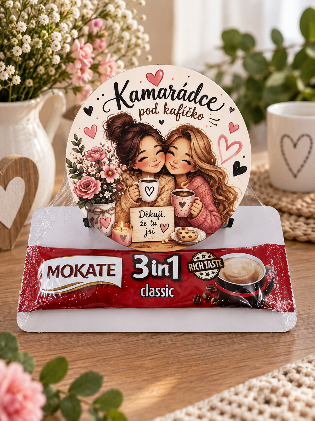 Kamarádce kafíčko – dřevěný podtácek 10 cm