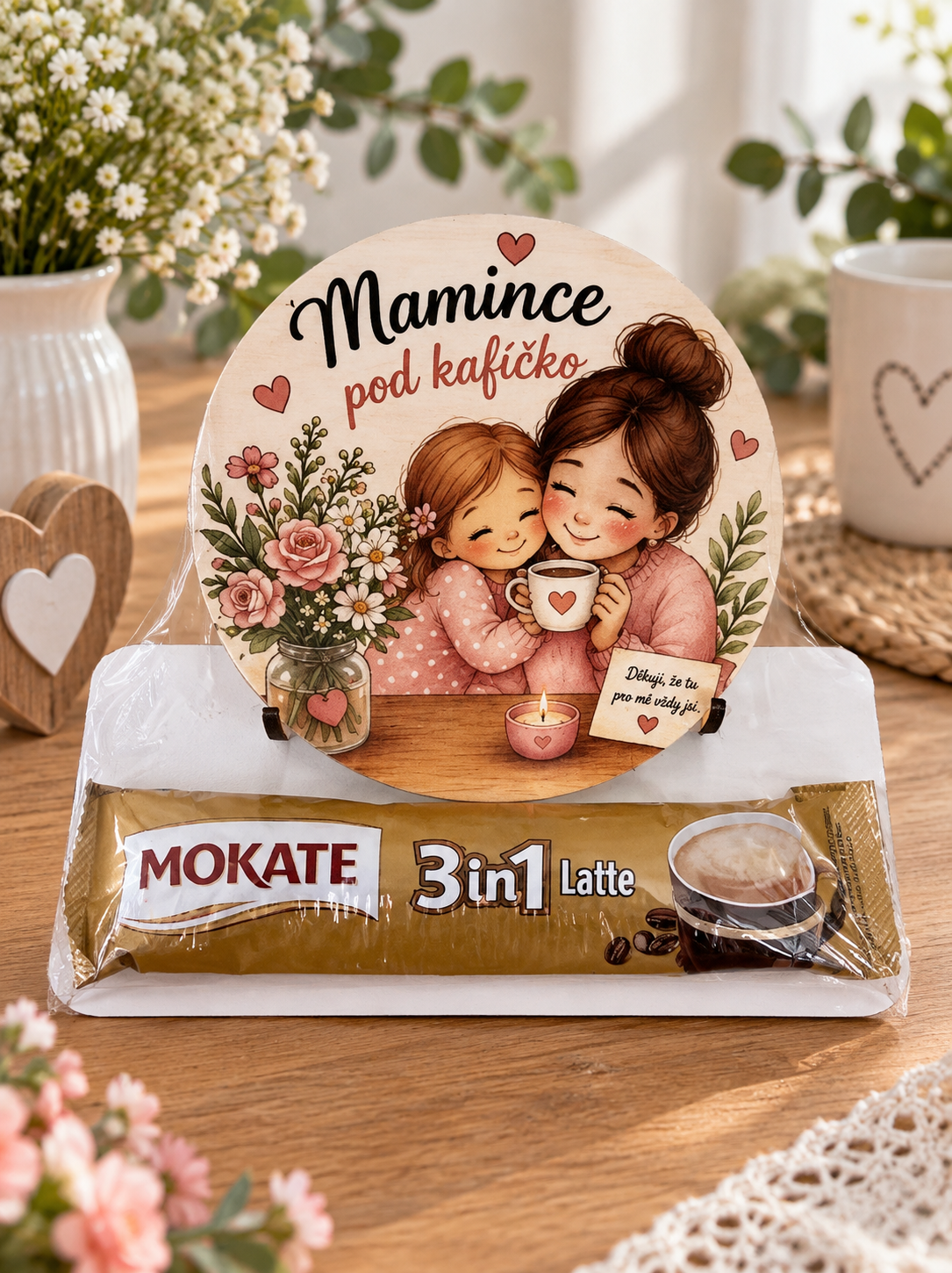 Mamince pod kafíčko – dřevěný podtácek 10 cm