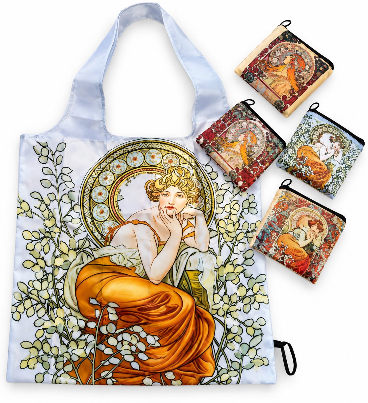 Látková nákupní taška Alfons Mucha – 4 motivy, 45 × 37 cm