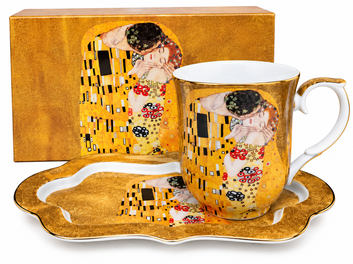 Porcelánový hrnek s táckem Gustav Klimt – Polibek, zlatý, 360 ml